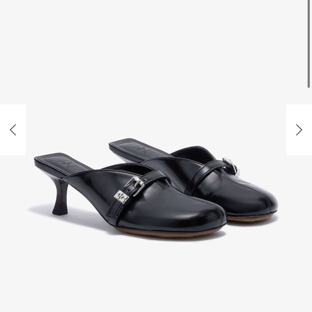 Ganni Black Leather Slip-On Heeled Mules with Silver Buckle